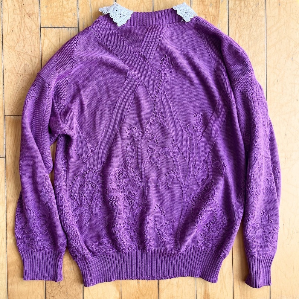 Excelsior Vintage 90s Purple Lace Collar Purple Knit Sweater Size Small Medium - Picture 6 of 6